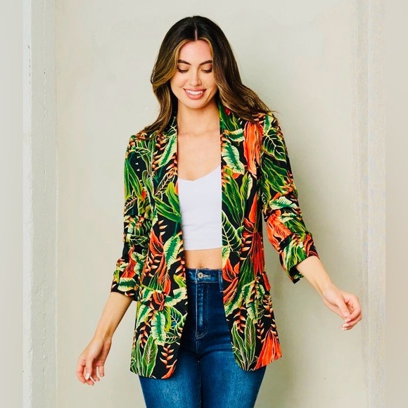 JUNGLE MUSE FLORAL OPEN FORNT 3/4 SLEEVE BLAZER - Picture 1 of 5
